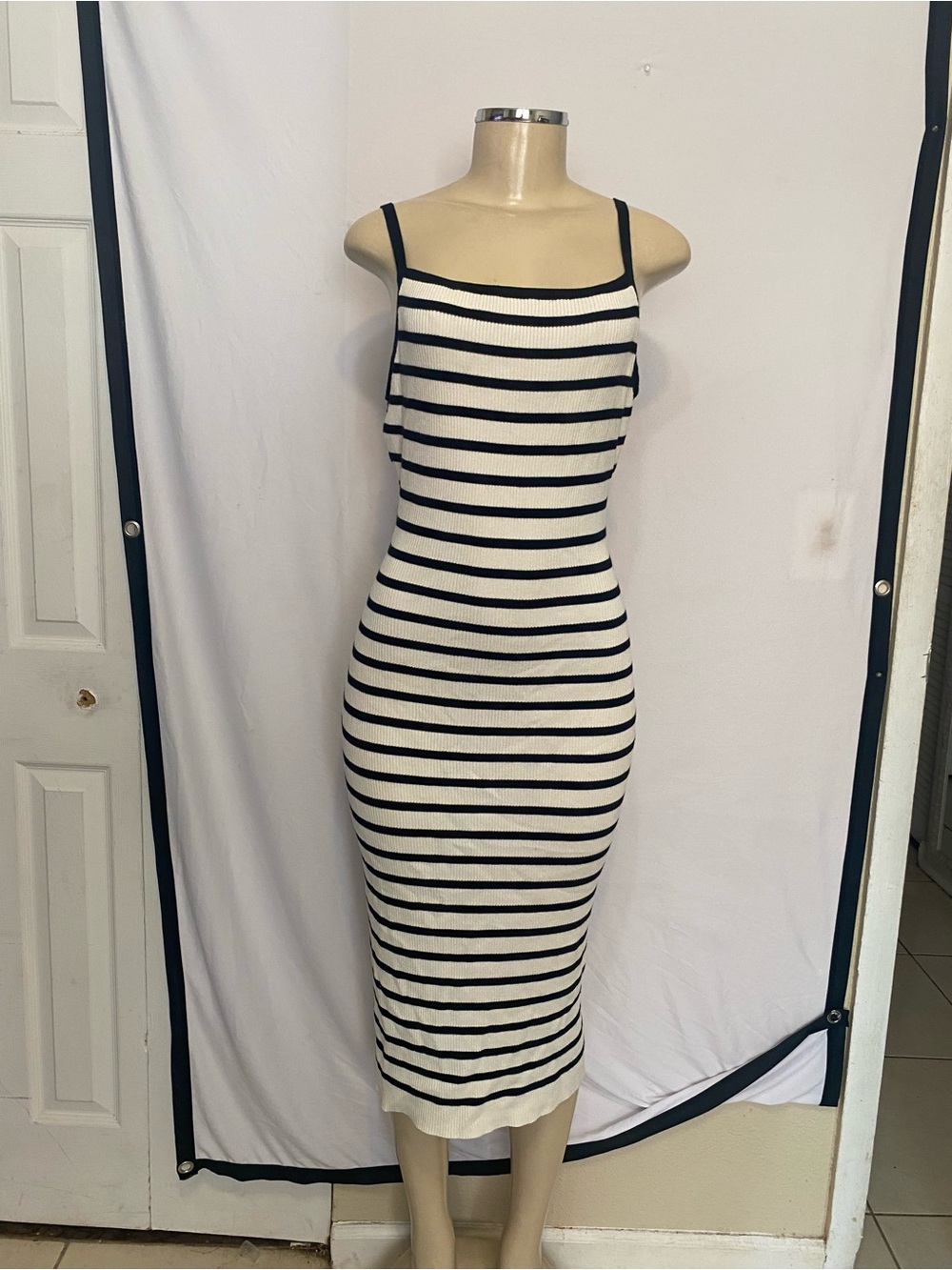 Striped Black & White Bodycon Midi Dress